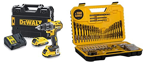 DeWalt Akku-Bohrschrauber/Akkuschrauber (18V, 2.0 Ah, bürstenlos, mit Zwei-Gang-Vollmetallgetriebe, 15 Drehmomentstufen) & DT71563, QZ Kombination Bohrer Set 100 Teile
