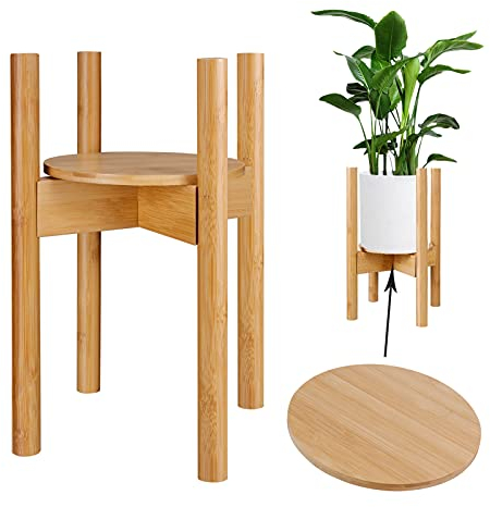 Natura Indoor Plant Stand with Adjustable Tray, Fits 9 to 12 Inch Pots, Wooden Mid Century Modern Display Rack - Rustic Decor