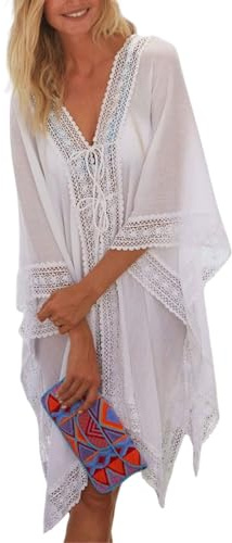 JFAN Copricostume con Scollo a V Cover up Mare Donna Pizzo Copribikini Vestiti Bianco Abito da Spiaggia Mini Abito Vestito Beachwear con Coulisse,Bianco,Taglia Unica