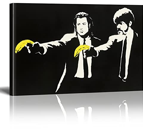 HSFFBHFBH Leinwanddruck, Banksy-Graffiti-Wandbild Bananen Pistole, Pop-Art Poster, gespannte Bilder für Wohnzimmer, fertig zum Aufhängen für Wohnzimmer Dekoration 50x75cm(20x30in) Mit Rahmen