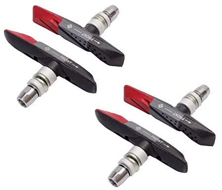 P4B | V-Brake Bremsschuhe - Silent Stop | Mit Airflow-Design | Synthetische Fasern | Selbstreinigend und optimal bei Nässe (Schwarz/Grau/Rot (2 Paar = 4 Stück))