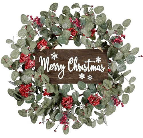 Sggvecsy 18 Inch Artificial Christmas Wreath for Front Door Xmas Red Berry Wreath Winter Glitter Eucalyptus Wreath Christmas Hanging Decorations for Wall Home Window Holiday OutdoorDecor