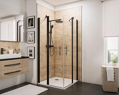 Schulte cabine de douche accès d'angle droit 90 x 90 x 192 cm avec 2 portes de douche battantes, noir, verre de sécurité 5 mm transparent antical, plage de réglage 88.5-90.3 cm,largeur d'accès 69 cm