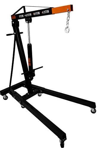 Engine Crane 1 Tonne Ton 1000kg Hydraulic Pump Handle Folding Legs Hoist Lift Jack Stand Handle 6 Portable Heavy Duty Wheels Workshop Garage 4 JIB Positions Chain Hook Black Powder Coated Steel