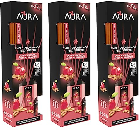 AURA | Pack 3 Ambientador Mikado con Varillas | Aroma Canela Manzana | Larga Duración 4 Semanas | 0% Alcohol | 3x30ml
