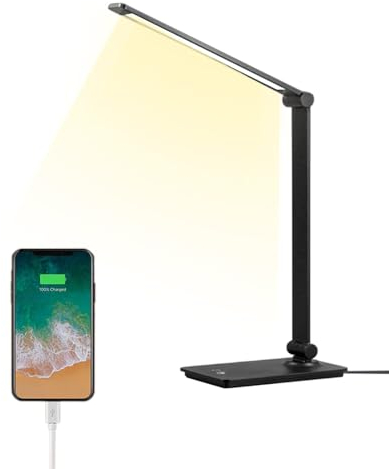 Lampe De Bureau Led, 5 Modes De Couleur 3 Niveaux De Luminosité, Dimmable Pliable Lampe Lecture Contrôle Tactile Protection Des Yeux Lampe De Chevet Avec Port Usb Noir