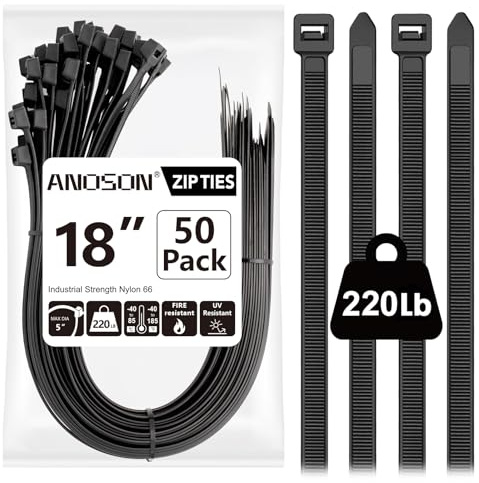 Large Zip Ties 18 inch, 50 Pack, Long Zip Ties Heavy Duty with 220 lb Tensile Strength, Big Cable Ties, Black, ANOSON