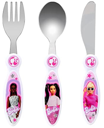 Barbie Doll Kids 3 Piece Cutlery Set – Includes Knife, Fork and Spoon | Child-Friendly Stainless Steel Flatware Set, BPA-free, food-Safe Material Children's Travel Cutlery Set | Non-Slip & Reusable