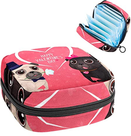 Valentinstag Mops Pink Period Pouch Tragbare Tampon Aufbewahrungstasche für Damenbinden, Mehrfarbig, 4.7x6.6x6.6 in/12x17x17 cm