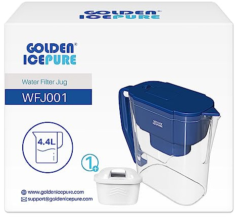 GOLDEN ICEPURE Carafe filtrante avec 1 filtre à eau, compatible avec les cartouches filtrantes Brita Maxtra, Maxtra+, grande capacité de 4,4 l, cartouche – Filtre réduit le calcaire et le chlore