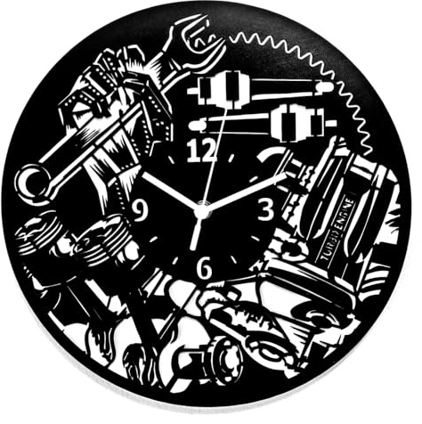 Instant Karma Clocks | Mechanic Wall Clock – Engine Pistons and Tools Design for Garage and Auto Repair Lovers – Silent No-Ticking | Perfect for Bedroom, Office, Studio, Living Room