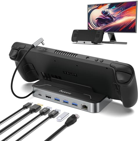 Aceele Steam Deck Dock, USB C 6-in-1-Docking Station mit HDMI 4K@60Hz, 3 USB 3.0, 100W PD-Ladeanschluss, RJ45-Gigabit-Ethernet, Kompatibel mit Steamdeck, ROG Ally, Switch, Laptop und Anderen Geräten