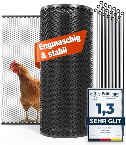 DANJOY Hühnerzaun I 90cm hoch I 25m lang I Der Zaun für Hunde oder Kleintiere ist besonders engmaschig, stabil - kein Durchhängen I 20x Befestigungen I Hundezaun Garten - Schwarz