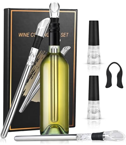 Cieex 7-in-1 Premium Weinkühler Set, 2 Weinkühlstab aus Edelstahl mit Ausgießer & 2 Flaschenverschluss, Flaschenkühler Wein Zubehör, Geschenke für Frauen Männer, Rot-Weißwein Weinliebhaber