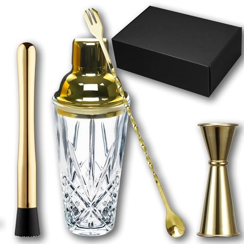 Gbuxska Cocktail Shaker Set - Glass Mixed Drink Shakers Cocktail Set, Martini Shaker with Strainer for Bars, Whiskey, Cocktails (Gold Set)