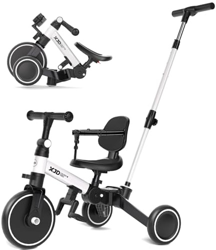 XJD Toddler Bike, 6 in 1 Folding Toddler Tricycle for 1-4 Year Old with Parental Control Handle, Balance Bike with Removable Pedal, Backrest, Adjustable Seat Height, First Birthday Gifts (White)