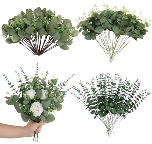 ASTNIC 90 Stück Künstliche Zweige & Kunstblumen, Weiß Kunstblumen Grün Künstlich Pflanzen Eukalyptus Dekozweige, Kunst Blumen DIY Künstlicher Blumenstrauß für Hochzeit Tischdekoration Brautstrauß