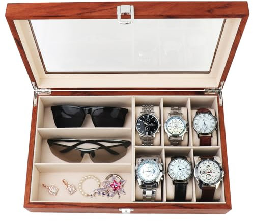 RICOJYCX Uhrenbox mit 9 Fächern, Uhrengehäuse mit Glasdeckel, mit abnehmbaren Uhrenkissen, Aufbewahrung für Uhr, Halsketten, Brillen, Armband, Geschenkidee, Ring
