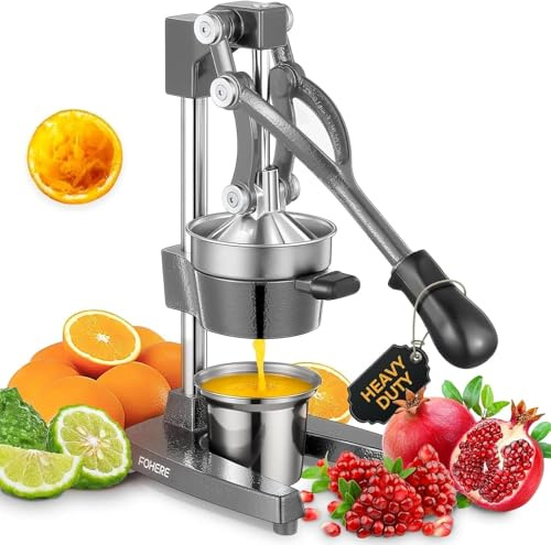 FOHERE Orange juicepress, gjutjärn citronpress, kommersiell citrusjuicer handpress för orange, citron, granatäpple, lätt att rengöra citruspress med en kopp i rostfritt stål, grå