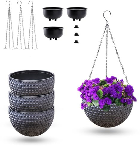 8.3inch Large Hanging Planters Plant Pots - Self-watering Hanging Baskets Set of 3 Flower Pot with Drainage Hole Chain for Home Garden Deco (Grey)