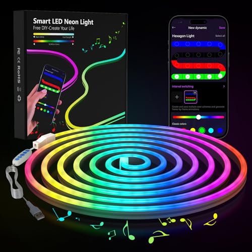 Neon LED Strip RGB Neon LED Streifen mit App-Steuerung DIY-Lichteffekte Musik Sync Neons Lichtband für Schrankbeleuchtung, Wohnzimmer, Schlafzimmer, Wand Deko (3m)