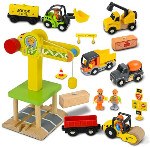 Joellfuner Baufahrzeuge Kinder Holzspielzeug, Magnetisch Baustelle Kran Spielzeug mit Turmkran Bagger Kranwagen Muldenkipper Straßenwalze, Konstruktionsfahrzeuge Geschenk Kinder Junge 2 3 4 5 Jahre
