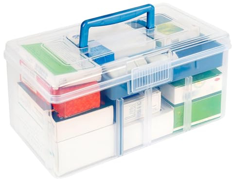 RBDDBR Medicine Storage Box Organiser 2 Layer Empty First Aid Storage Box with Handle and Compartment, Transparent Portable Medical Storage Box with A Sticky Note(Random Style), 29.5x14.5x16.5 cm