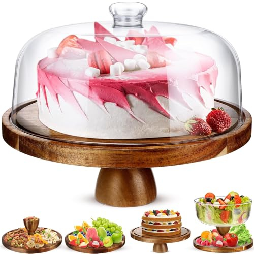 Eidoct Présentoir à gâteau, plateau à gâteau avec dôme, bois d'acacia et couvercle en acrylique incassable, plateau à légumes, bol à fruits, support à beignets, assiette à nachos