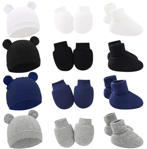 4 Pack de Bonnets preémie Gants et Chaussettes Ensemble en Coton Doux Oreilles d’Ours Chaudes Bonnets preémie, Bonnets Nouveau-nés d’hôpital pour bébés garçons Filles
