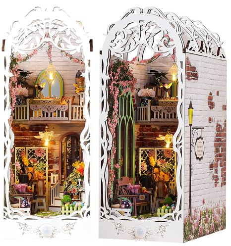 KBIBCK DIY Book Nook Kit, DIY Gartenhaus Miniatur, 3D Puzzle Buchstützen aus Holz,DIY Miniatur Haus mit LED Leuchten & Möbeln,Puppenhäuser Miniatur Haus Kit Modellbausätze für Erwachsene 14+ zum Bauen