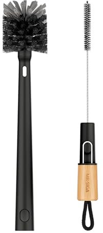 MR.SIGA Spazzola per bottiglie d'acqua e spazzola per la pulizia delle cannucce, spazzola a manico lungo, spazzola di pulizia 2 in 1 per sport, bottiglie per bambini, tazze, cannucce, nero