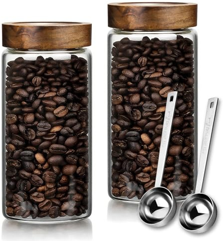JanYoo Vorratsgläser mit Deckel 2er Set, 1400ml Kaffeedose Luftdicht Aufbewahrungsgläser Glas Kaffeebohnen Behälter mit Schaufel Vorratsglas mit Holzdeckel für Tee Nüsse Kakao Bohnen Aufbewahrung