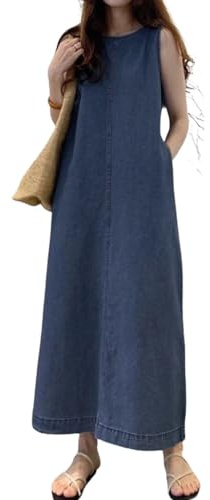 Vestido Largo Informal sin Mangas de Mezclilla para Mujer, Estilo Vintage, Holgado, con Cuello Redondo y Bolsillos (Dark Blue,XXL)