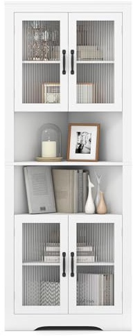 LIFEZEAL Mobile Bagno Angolare Salvaspazio, Armadio Bagno ad Angolo 66 x 35 x 171 cm, Credenza Cucina, Dispensa, con 6 Scomparti, 4 ante e 2 Ripiani Aperti, per Soggiorno, Cucina (Bianco)