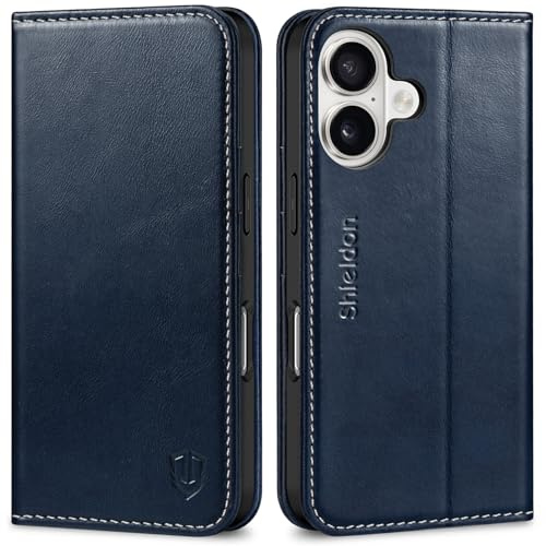 SHIELDON Lederhülle für für iPhone 17 6,3 5G 2025, Retro Dunkelblau | Rindsleder Hülle, Schutzhülle, Stoßfest, Kartenfach, Magnetverschluss, Stand, RFID Blocker, Handy-Ösen, Telefon Cover