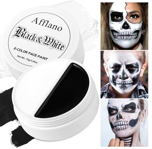 Afflano Black White Face Paint 76g, Cream Black and White Body Paint, Goth Clown Joker Mime white Face Makeup, Body Painting for Art Theater Stage Party Cosplay Fancy SFX Halloween Makeup Zombie Skull