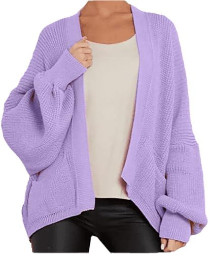Langer Damen-Cardigan mit Ballonärmeln, grob, gestrickt, übergroß, bauchfrei, 2 Vordertaschen, vorne offen, Winterkleidung, Outwear, Flieder, 34-36