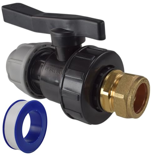Mdpe Water Supply Pipe Valve to Copper Pipe Compression Fitting Adaptor+PTFE Thread SealTape (25mm mdpe-15mm Copper)