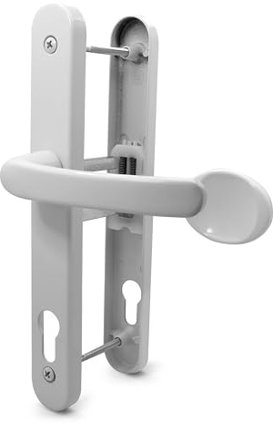 TSS UPVC Door Handle Pair Set with Offset Lever and Pad, 95/65mm PZ Centres (Internal = 95mm / External 65mm), Sprung, 200mm Screw to Screw, Backplate 250mm x 34mm (White)