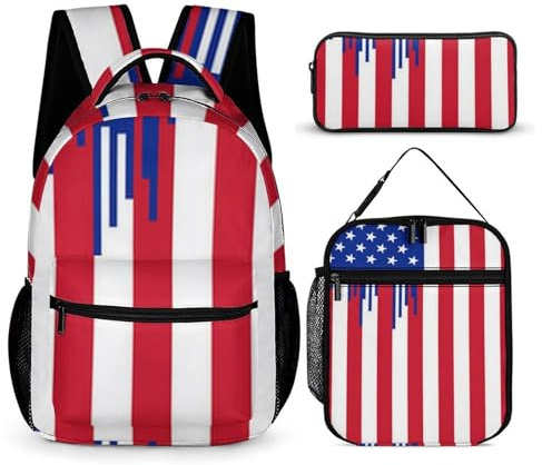 peiyeety Conjunto de mochila con bandera estadounidense roja, azul y blanca (71), mochila con lonchera y neceser. Mochila con lonchera y neceser.