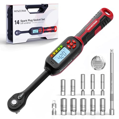 MOVECRAB Juego de llaves dinamométricas de 14 piezas, juego de llaves dinamométricas de 3/8 pulgadas, 4,2-85 N.m para motocicletas y automóviles, precisión de error de ± 2 % con alarma LED, bujía