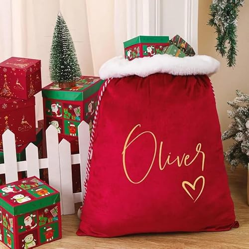 Personalisierbarer Weihnachtsmann-Sack, Weihnachtstüten als Geschenk, Weihnachtssäcke mit Namen, groß, wiederverwendbar, Samt-Kordelzug, Weihnachtsgeschenktüten, Geschenktüten, 2 Größen, 14 Farben