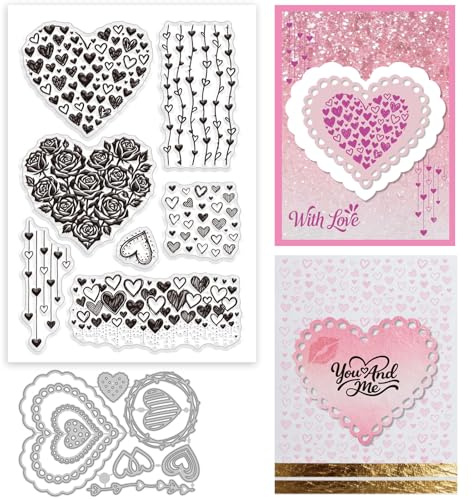 GLOBLELAND Valentinstag Stempel Und Metall Stanzformen: Transparenter Herz Hintergrund Rosen Stanzformen Für Kartenherstellung Prägen Und Scrapbooking