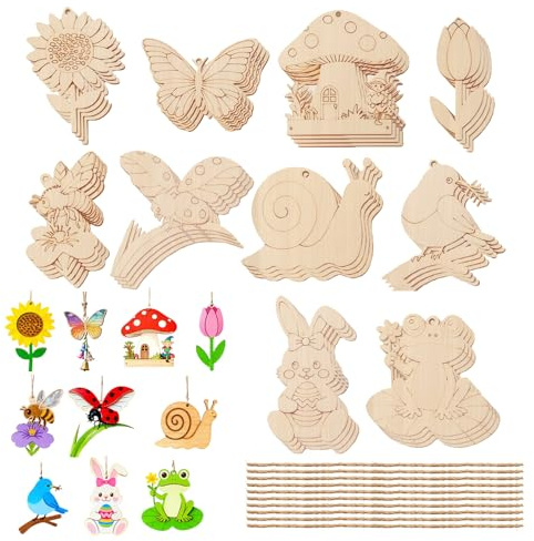 Gnaxyzthor 40 Stücke Holzanhänger zum Bemalen, Kindergeburtstag Basteln Bastelset, Muster mit Waldtieren und Pflanzen,Papierdrachen,3, 4, 5 und 6 Jährige Jungen und Mädchen (DIY-2)