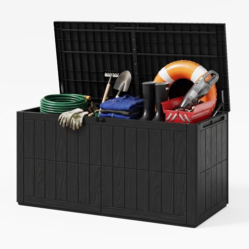 UDPATIO Garden Storage Box 380L, Waterproof Outdoor Storage Chest with Hydraulic Pistons, Wood Effect Plastic Garden Delivery Box with Lockable Lid for Gardening Tools, Cushions, Toys
