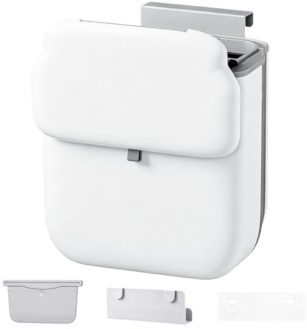 Cubo de basura colgante con tapa, plegable, de 9 l, para cocina, camping, autocaravana, sin necesidad de taladrar (blanco)