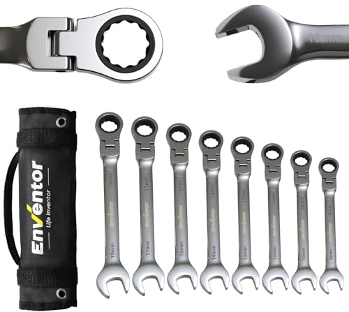 Enventor Ratchet Spanner Set- Metric, 8PCS 180° Flex-Head, 8-19mm | Ratcheting Combination Wrench Set with Storage Bag, Chrome Vanadium Steel - 72-Teeth, 5° Swing Arc