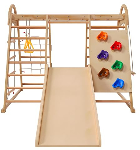 Klettergerüst Indoor 7-in-1 aus Massivholz & Buche, Multifunktionales Montessori Klettergerüst mit Rutsche, Schaukel, Kletterdreieck, Kletternetz, Turnringe & Zeltfunktion, Spielturm für Kinder ab 3