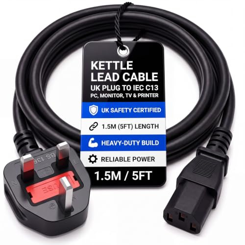 Kettle Lead, PC Power Cable, IEC C13 for TVs, Monitors & Computers, 1.5M | 13A 3-Pin UK Plug, Fused Mains Cord for Projectors, Servers, Network Switches & PDUs. Ideal for Home, Office & Data Centres.
