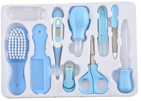 Kit de cuidado para bebés de 10 piezas, kit de uñas para bebés: herramientas de cuidado diario para recién nacidos con cortaúñas, aspirador nasal, peine y termómetro, azul